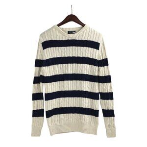 Donato Mens Large Cable Knit Cotton Sweater Striped Navy Cream Crewneck Nautical